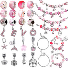 65 Pieces Charm Bracelet Kit, Assorted Pink Large Hole Glass Beads