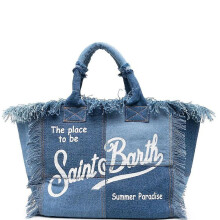 (blue) Large Capacity Beach Bag With Handmade Tassel, Fashion Printed Denim Tote Bag