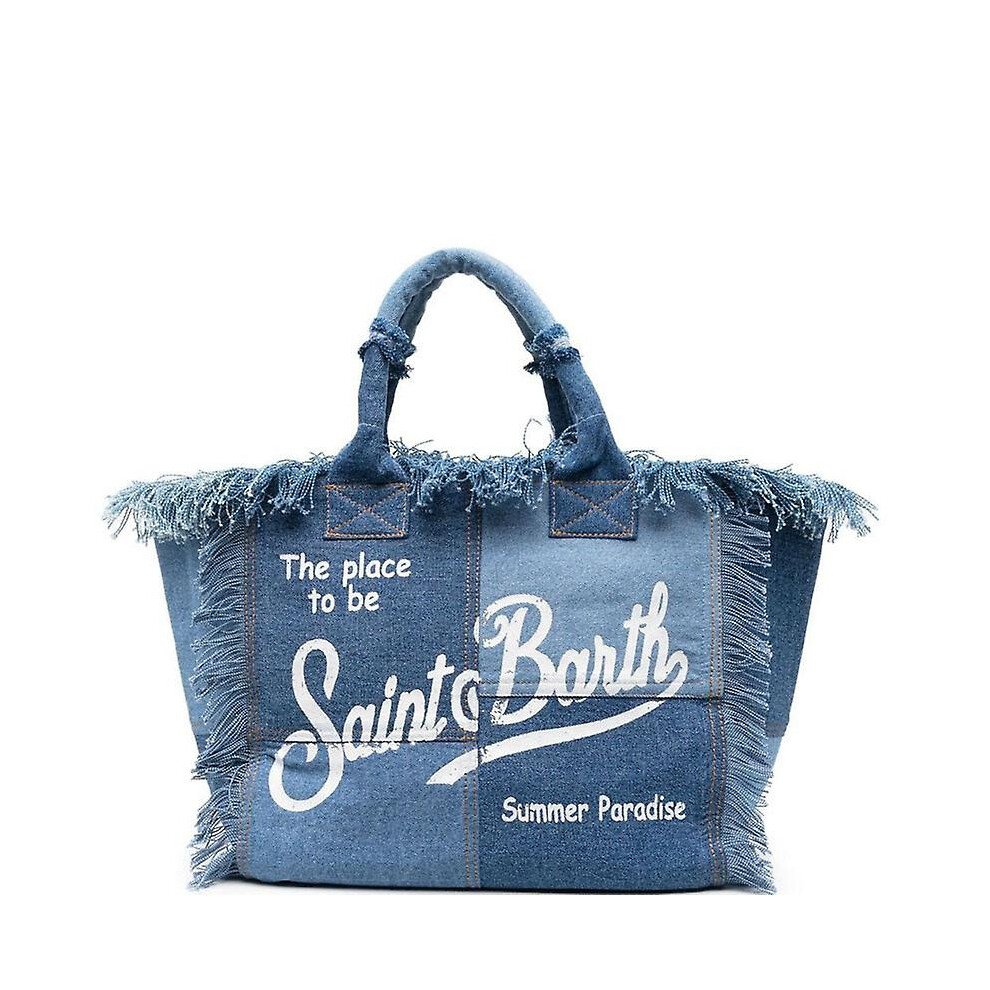 (blue) Large Capacity Beach Bag With Handmade Tassel, Fashion Printed Denim Tote Bag
