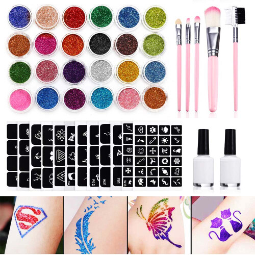 Glitter Tattoo Set with 24 Large Glitter Tubes, Temporary Tattoos