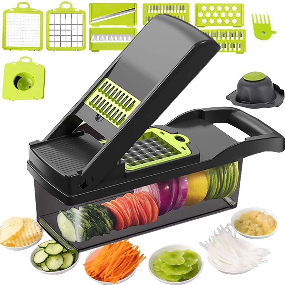 Vegetable Chopper,Vegetable Cutter - Gray + Green 12 in 1 Vegetable Chopper, Heavy Duty Mandoline Slicer Chopper(Black)