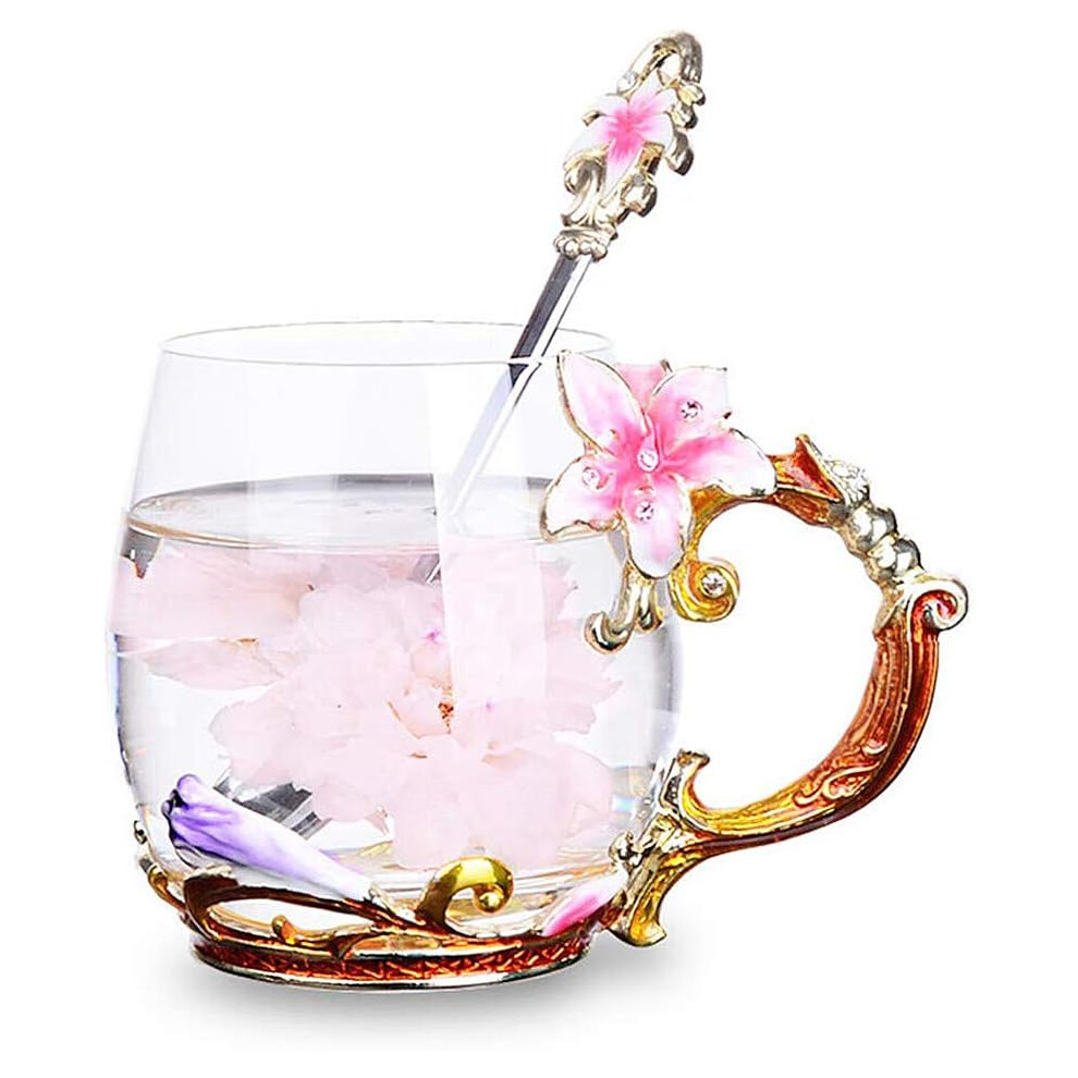 Enamels Flower Glass Coffee Mug Tea Cups with Spoon, Best Birthday Gifts Wedding Gifts Anniversary Gifts