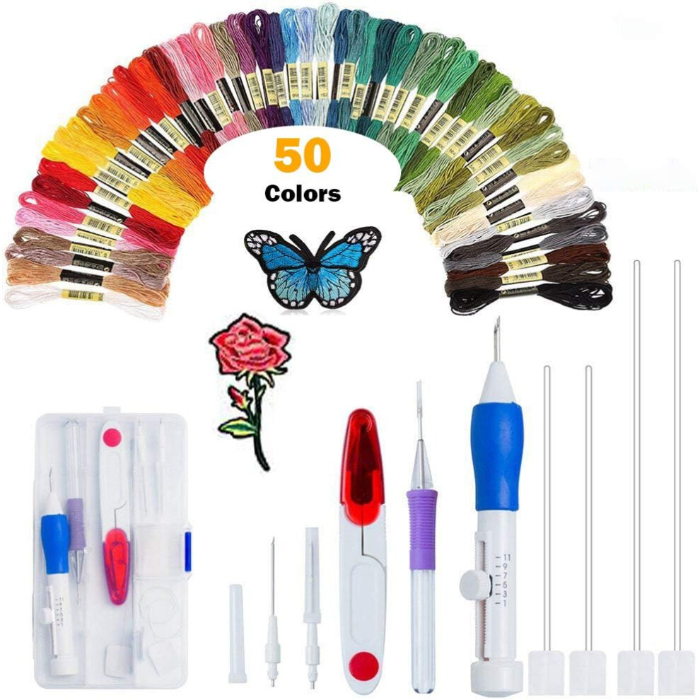 Full Set Embroidery Starter Kit, Magic Embroidery Pen Punch Needle Set, 50 Color Threads for DIY Embroidery Cross Stitch