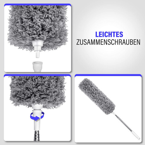 Telescopic duster set with 2 microfiber accessories, extendable long telescopic stainless steel duster 2.4M 2