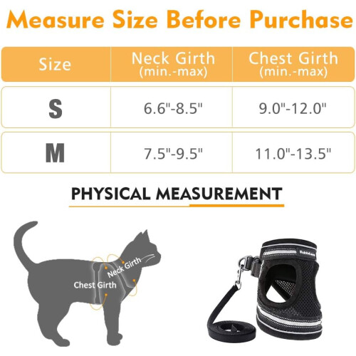 Cat Harness with Leash, Breathable Kitten Harness with Reflective Strips Adjustable Black Vest 1