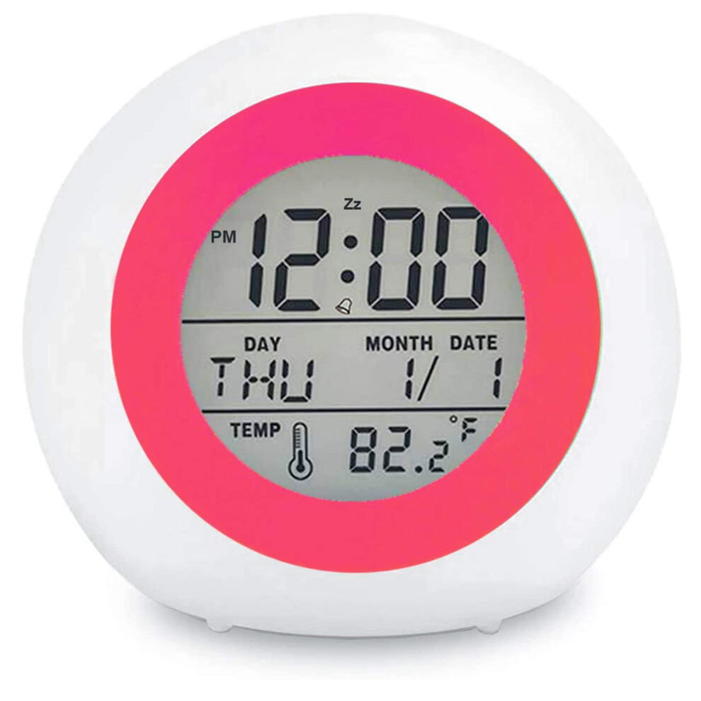 Digital Alarm Clock For Kids, 7 Colors Night Snooze, Temperature Detection Rose Light/Red Limbo