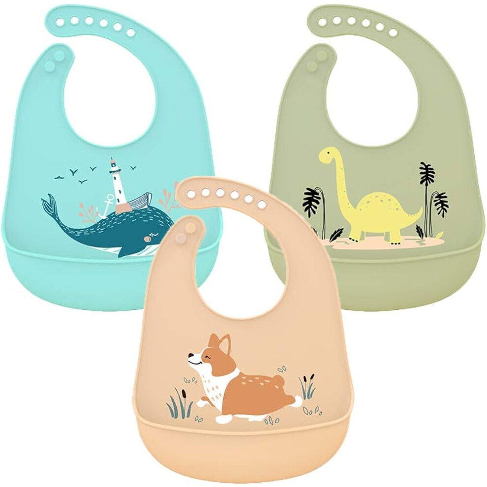 Limbo 3Pcs Baby Silicone Bibs Waterproof Silicone Bibs For Feeding With Drip Tray Easy Cleaning Soft Bibs