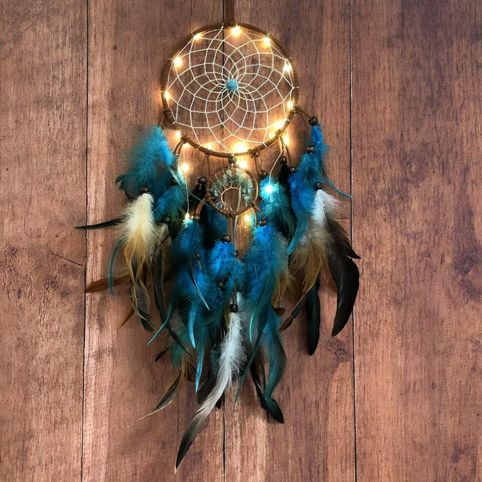 Blue Tree of Life with Feathers, Mobile LED Fairy Lights Handmade Indians Traditional Circular Net