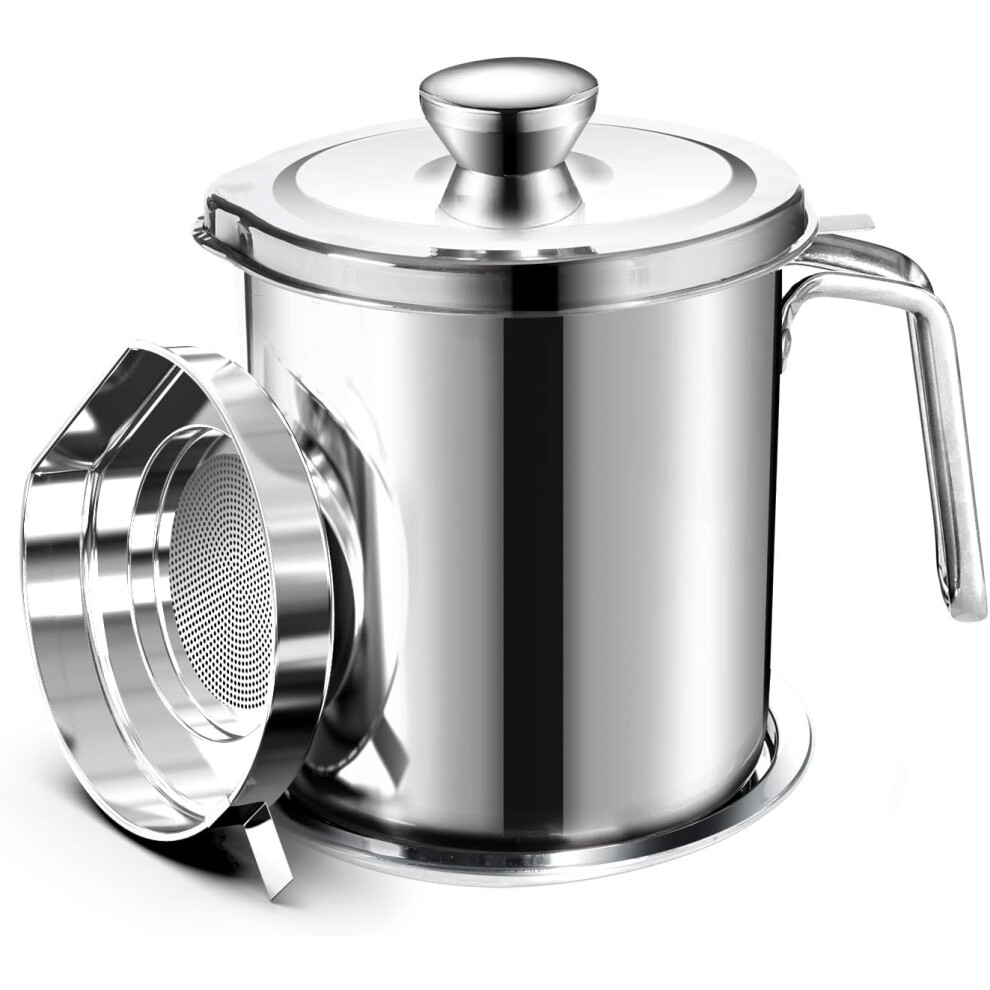 Oil strainer pot grease can 2L stainless steel oil storage can container with fine-mesh sieve