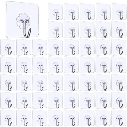50PCS Transparent Adhesive Hooks,Kitchen Wall Hook with Stainless