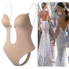 (Complexion, XL) Backless Body Shaper Bra Women Plunging Deep V-neck Body Shaper Seamless Thong Invisibles Shapewear For Wedding
