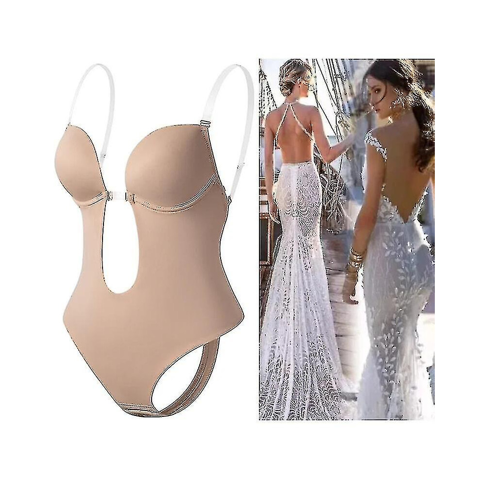 (Black, L) Backless Body Shaper Bra Women Plunging Deep V-neck Body Shaper Seamless Thong Invisibles Shapewear For Wedding
