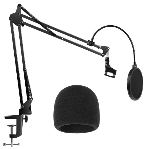 Heavy Duty Mic Stand With Mic Windshield And Dual Layer Mic Pop-Up Filter