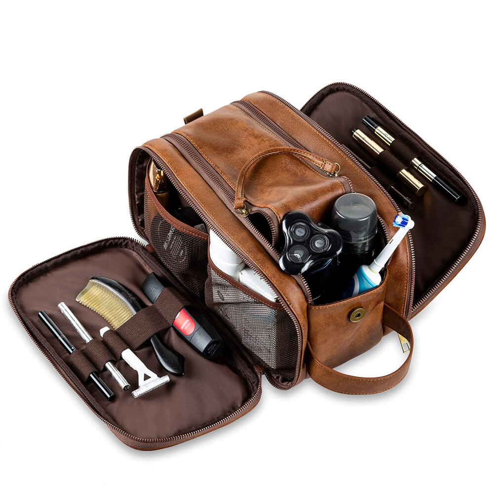 Toiletry bag PU leather for travel men, large waterproof wash bag men, with a free wet dry bag, 26x15x16cm - Brown