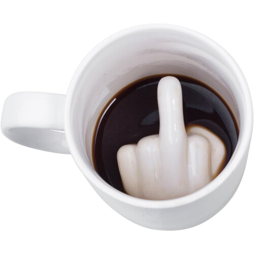 Ceramic mug with surprise effect - white finger design - gadget coffee mug as a gift