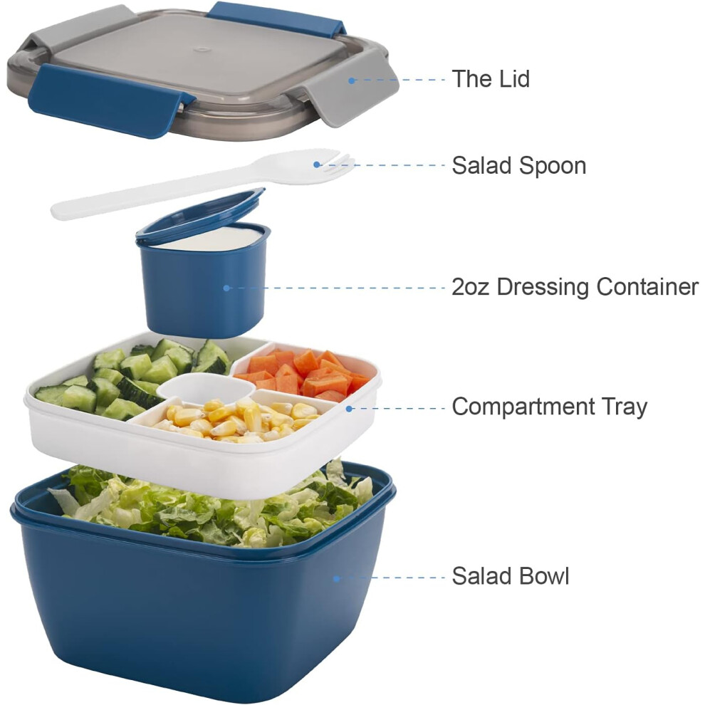 Salad Lunch Container To Go 3 Compartments Salad Bowl Salad Tupperware For Salad - Blue