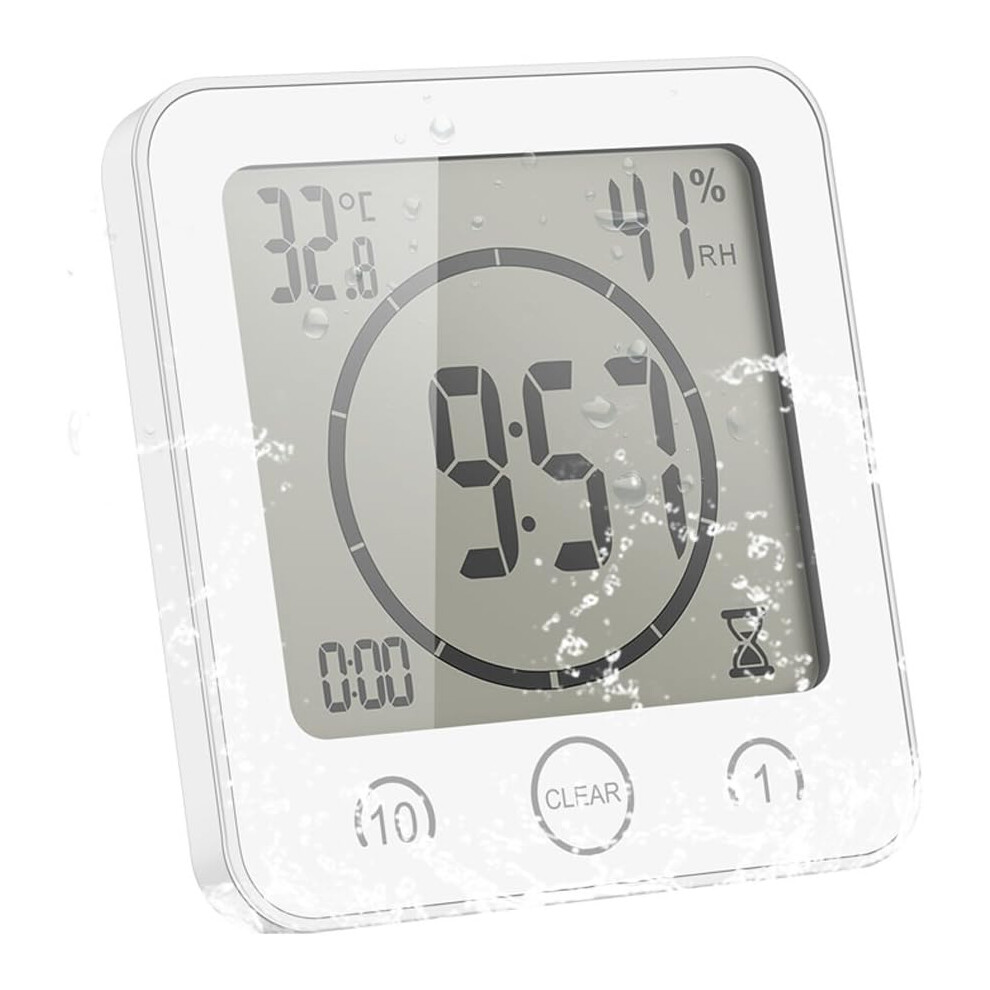 Bathroom Clock, LCD Digital Alarm with Waterproof Touch Shower Clock, Temperature Humidity, Countdown Timer (White)-image-OPC-PDP5NRR-NEW