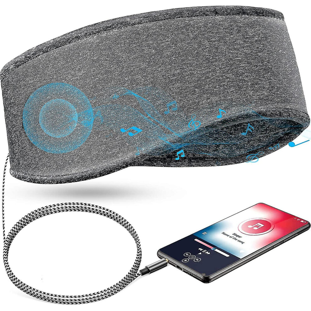 Grey Music Sleep Headband With Headphones, 3.5Mm Wired Soft Elastic Travel Headband With Slim Speaker, Comfortable Sleep Music Headphones (Grey)