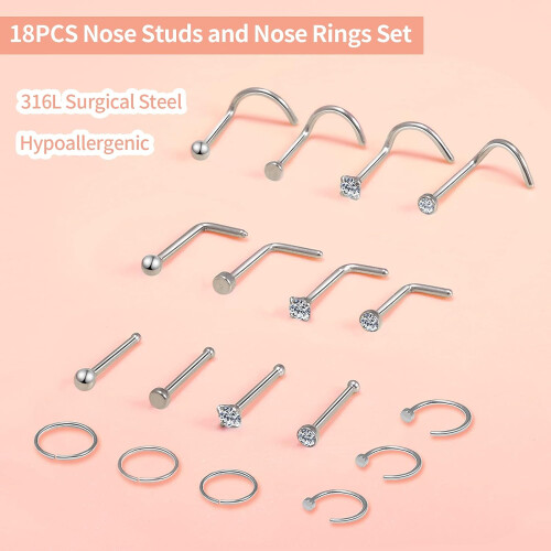 18PCS Nose Ring, 20g Nose Stud L Shaped, 20 Gauge Nose Hoop Ring for Women, Surgical Steel Nose Piercing Jewelry