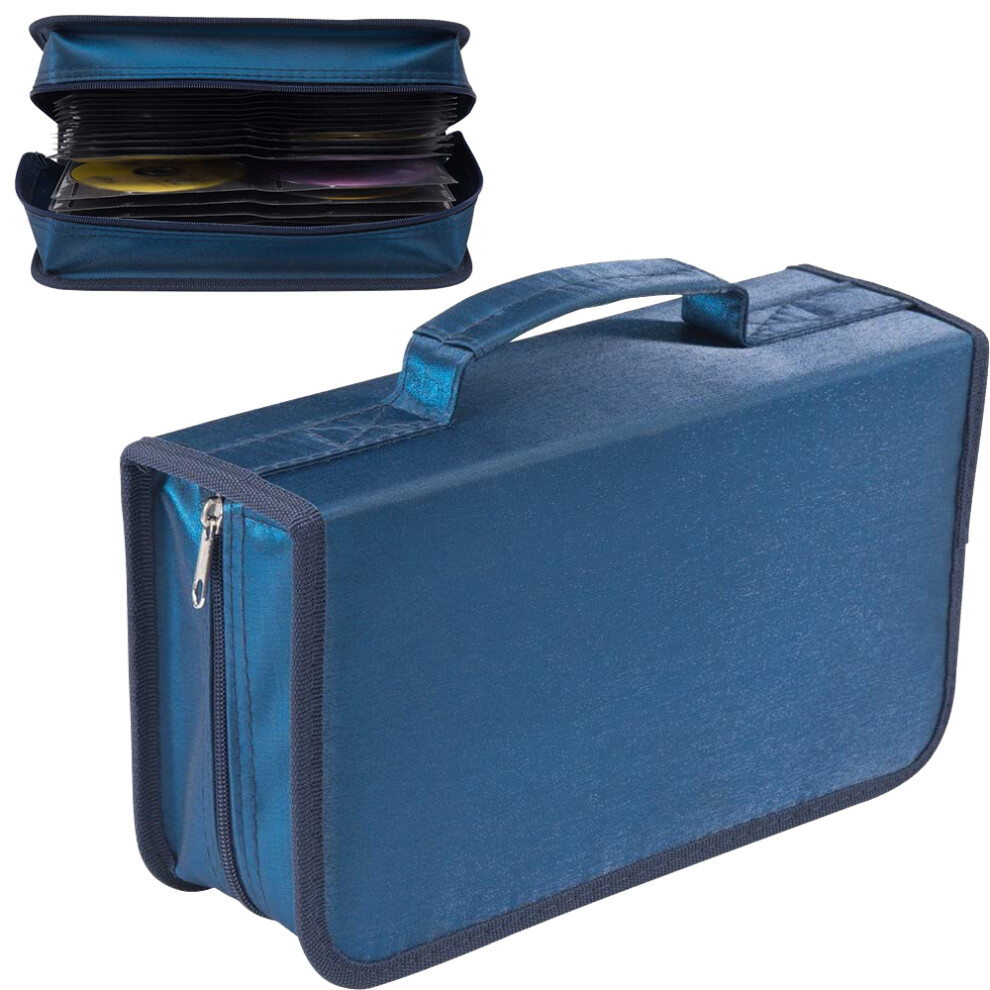 CD Case, 128 Capacity Mercerized Cloth CD DVD Holder Protection Zipper Portable Disc Storage Wallet Organizer-Dark blue