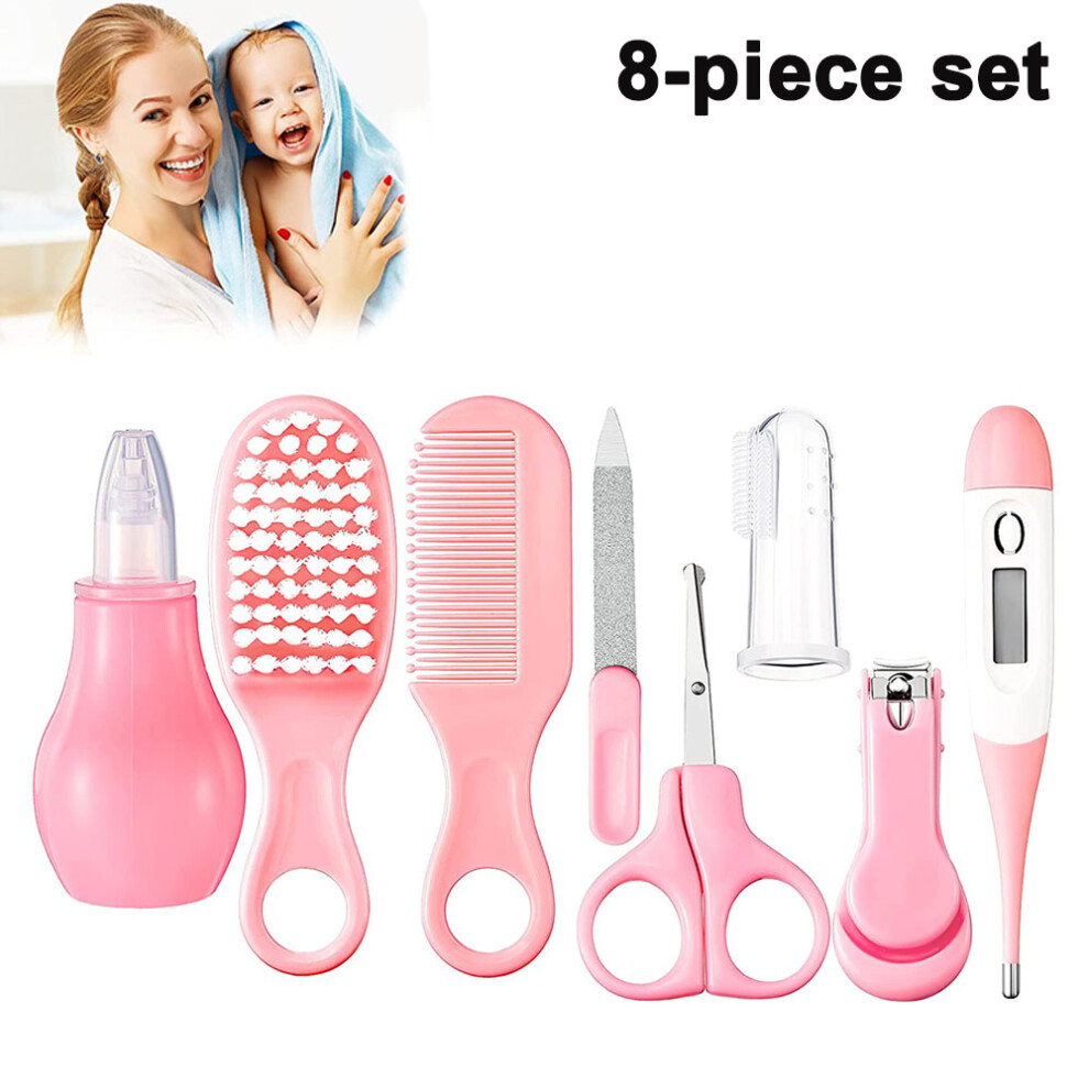 Baby Grooming Kit, 8 In 1 Baby Hair Brush/Nail Clipper/Nose Cleaner/Finger Brush/Nail Scissors/Manicure Kit- Pink Limbo
