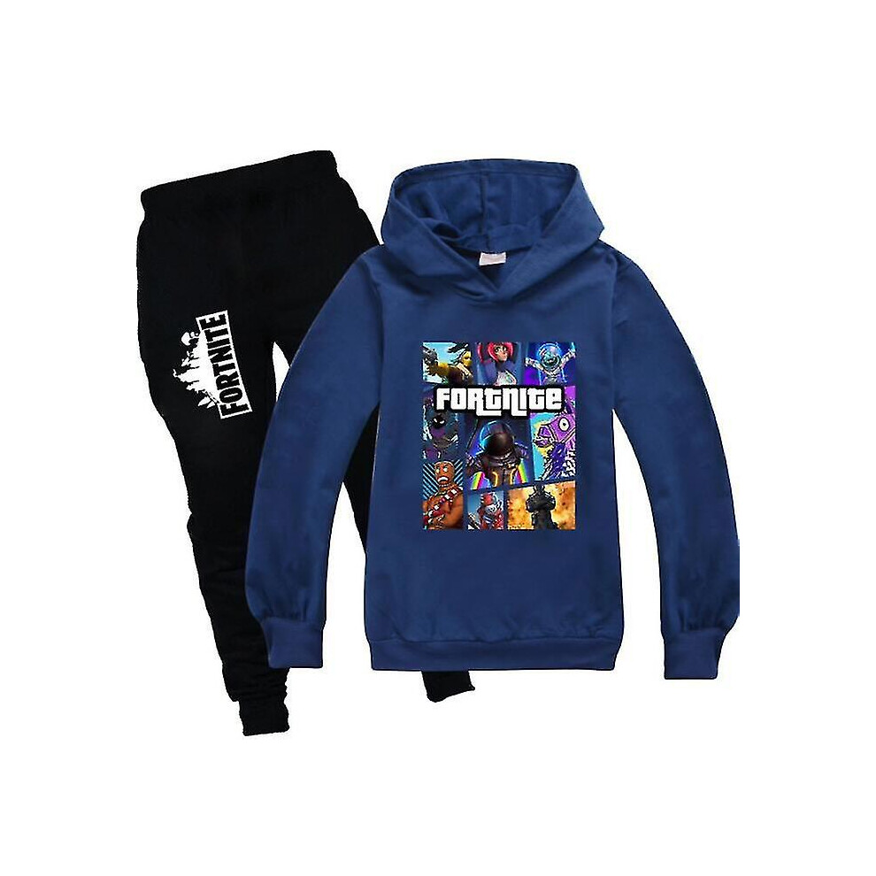 (Navy Blue, 150 cm) Kids Fortnite Long Sleeve Hoodie Pants Suit Boys Tracksuit Sportswear_f