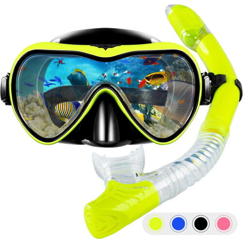 Snorkel Set Snorkeling Gear Adults,Dry Top Diving Masks And Snorkel For Man Women-Yellow