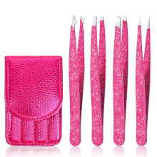 Tweezers Set 4-Piece,Professional Stainless Steel Slant Tip And Pointed Craft Tweezers With Leather Case-Rose Red