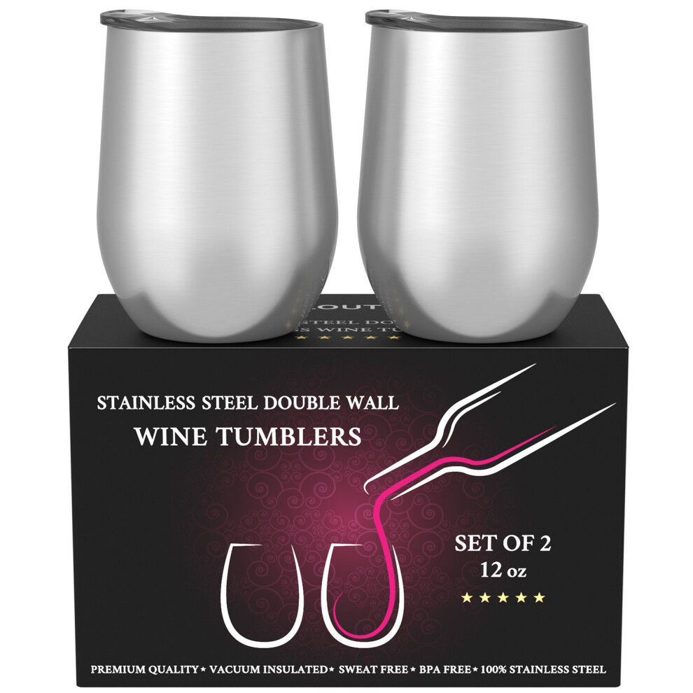 Limbo Stainless Steel Stemless Wine Glasses 2 Pack 12Oz - Double Wall Vacuum Insulated Wine Glass With Lid Set Of Two