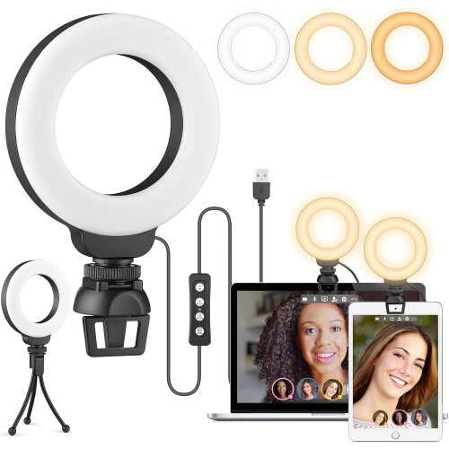 4" Ring Light for Laptop with Stand, Conference Lighting Kit, 3 Light Modes Dimmable LED Ringlight for Meetings