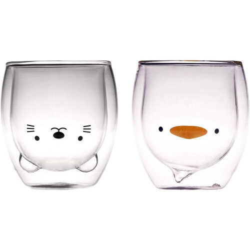 2 Pack Cute Cup Double Wall Glass Mug, Glass Espresso Cup