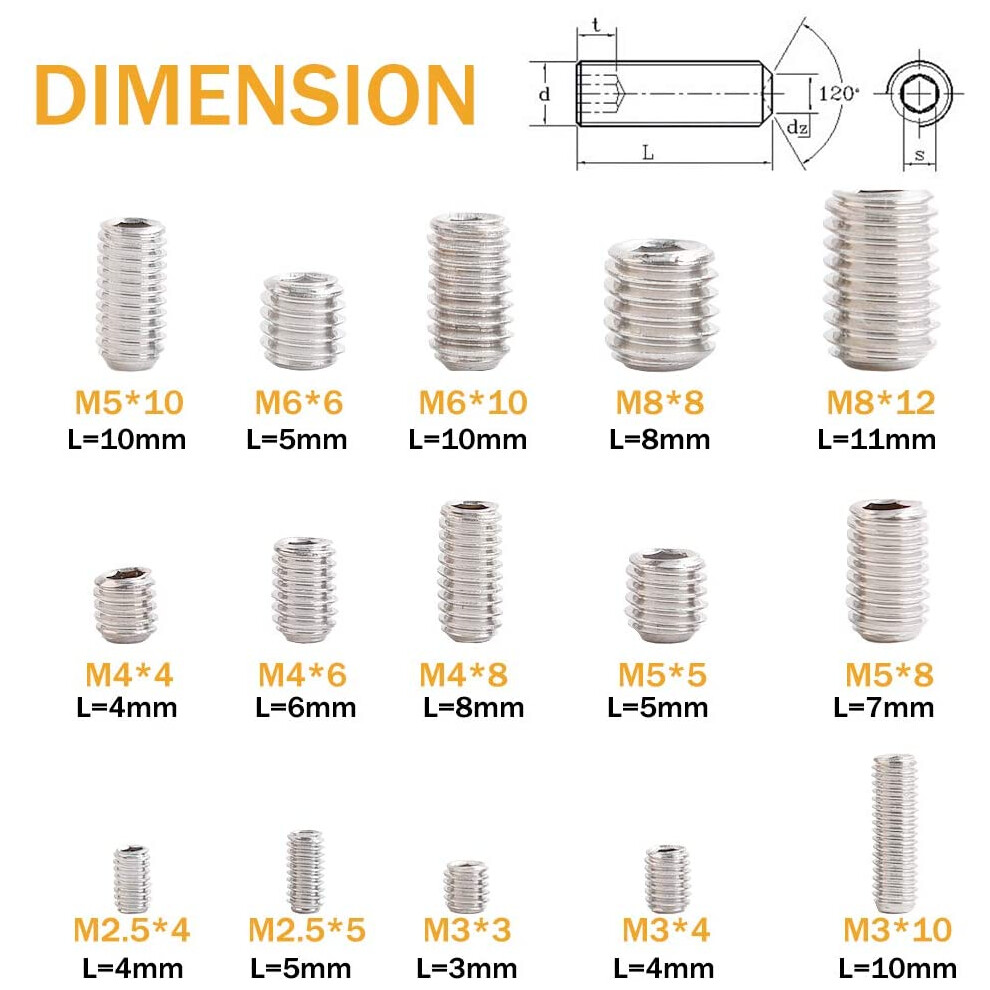 300Pcs Kit M2.5 M3 M4 M5 M6 M8 Hexagonal Grub Screws, Stainless Steel Hex Socket Assortment Set 6228927292504