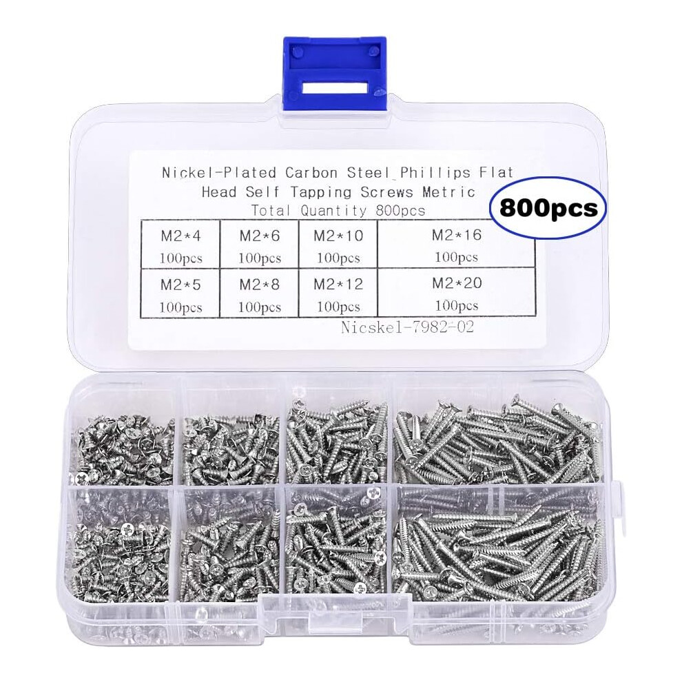 Photos - Nail / Screw / Fastener 800Pcs Small M2 Self-Tapping Screws Assortment Kit,Phillips Flat Head Wood Screws (M2-4mm 5mm 6mm 8mm 10mm 12mm 16mm 20mm)