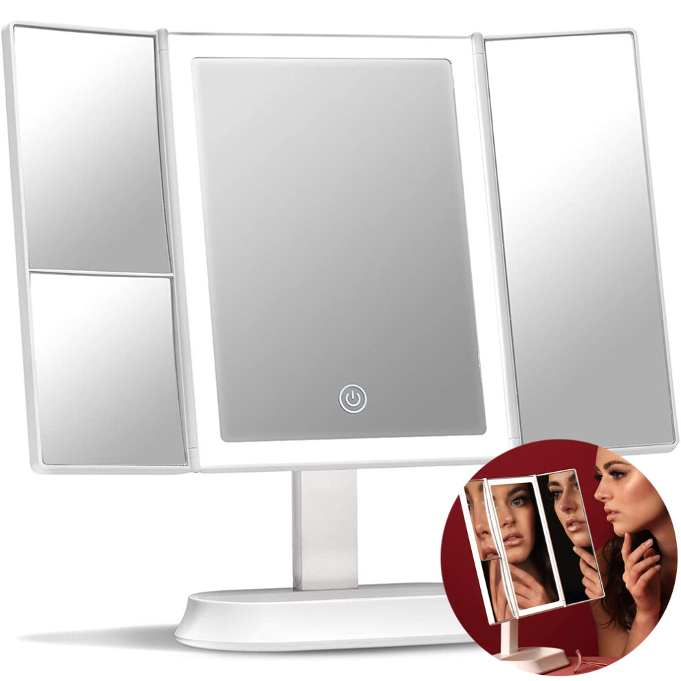 Large 13.8-Inch Wide Trifold Vanity Mirror with Natural Daylight LEDs, Dimmable Touch, 5X/7X Magnification, Cordless and USB