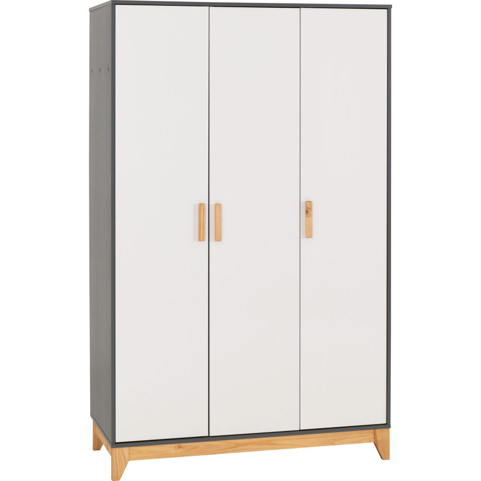 Cleveland 3 Door Wardrobe in White and Pine with Grey Metal Effect