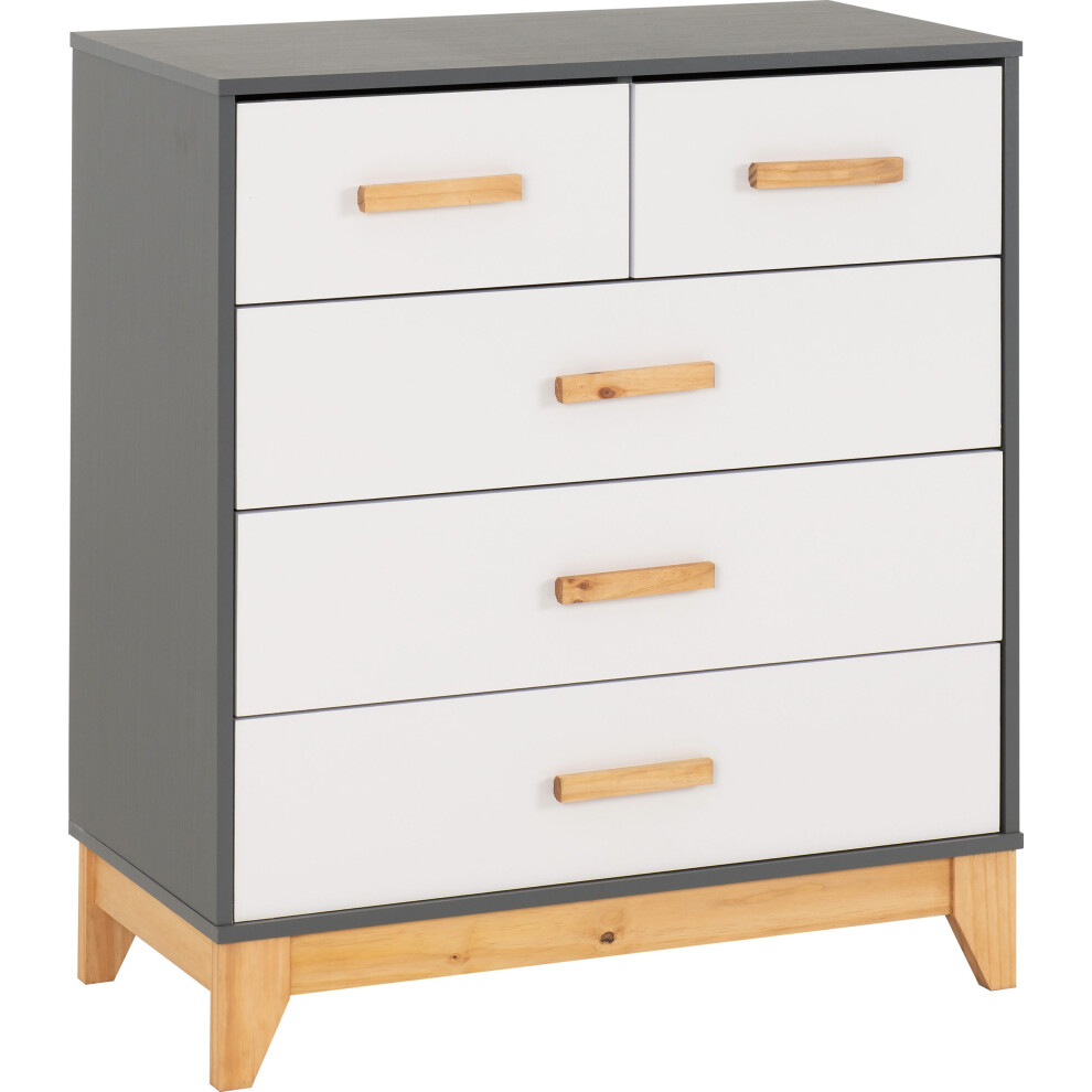 Cleveland 3+2 Drawer Chest in White and Pine with Grey Metal Effect