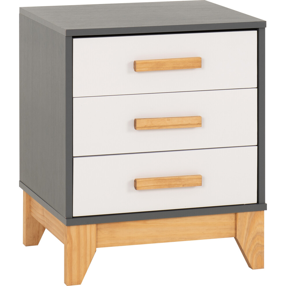 Cleveland 3 Drawer Bedside in White and Pine with Grey Metal Effect