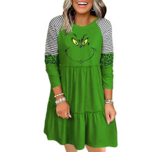 (5XL) Plus Size Christmas The Grinch Striped T-shirt Dress Women Xmas Green Monster Long Sleeve Mini Dresses