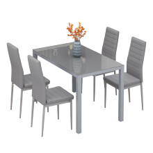 (Grey Table+4*grey Chairs) Dining Table and Chairs Set, Modern Glass Table with High Back Faux Leather Chairs for Home Office Use