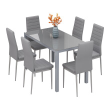 (Grey Table+6*grey Chairs) Dining Table and Chairs Set, Modern Glass Table with High Back Faux Leather Chairs for Home Office Use