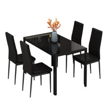 (Black Table+4*black Chairs) Dining Table and Chairs Set, Modern Glass Table with High Back Faux Leather Chairs for Home Office Use