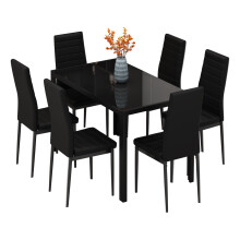 (Black Table+6*black Chairs) Dining Table and Chairs Set, Modern Glass Table with High Back Faux Leather Chairs for Home Office Use