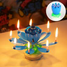 (Blue) Lotus Music Birthday Candle - Rotating Flowering Singing Light for Cake Decoration and Easter Gift