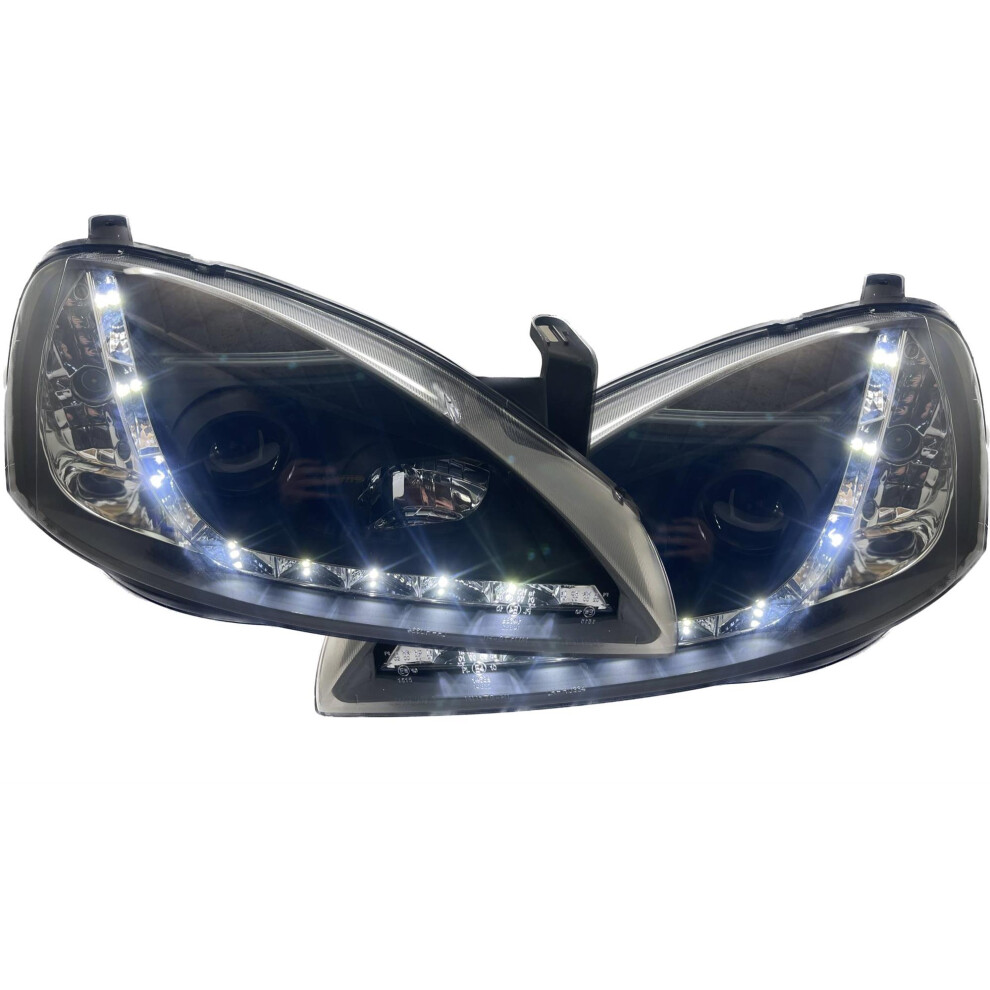 For Vauxhall Corsa C 2000-2006 Black LED DRL Projector Headlights Headlamps