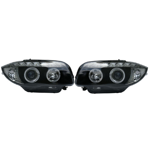 For BMW 1 Series E81 E82 E87 E88 Black Angel Eye DRL Projector Headlights DRL