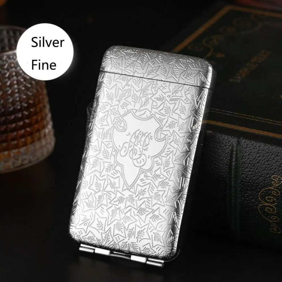 (Silver-Fine) Metal Cigarette Case Hold 20 Sticks Leather Cigarette Box Storage Cover Gift Leather Smoking Accessories Mens Metal Cigarette