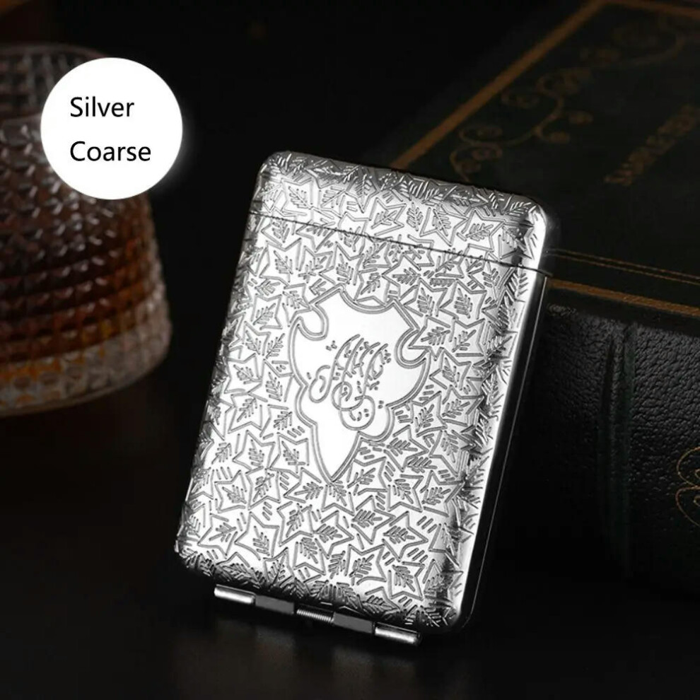 (Silver-Coarse) Metal Cigarette Case Hold 20 Sticks Leather Cigarette Box Storage Cover Gift Leather Smoking Accessories Mens Metal Cigarette