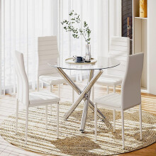 (Glass Table+4 White Chair) Dining Table and Chairs Set of 4, High Back PU Leather Chair with Glass Chrome Leg Table
