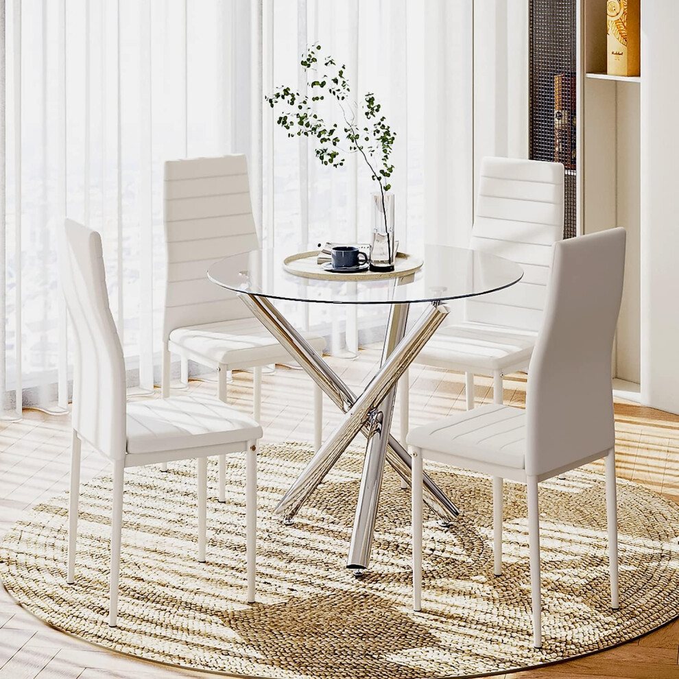 (Glass Table+4 White Chair) Dining Table and Chairs Set of 4, High Back PU Leather Chair with Glass Chrome Leg Table