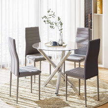 (Glass Table+4 Grey Chair) Dining Table and Chairs Set of 4, High Back PU Leather Chair with Glass Chrome Leg Table